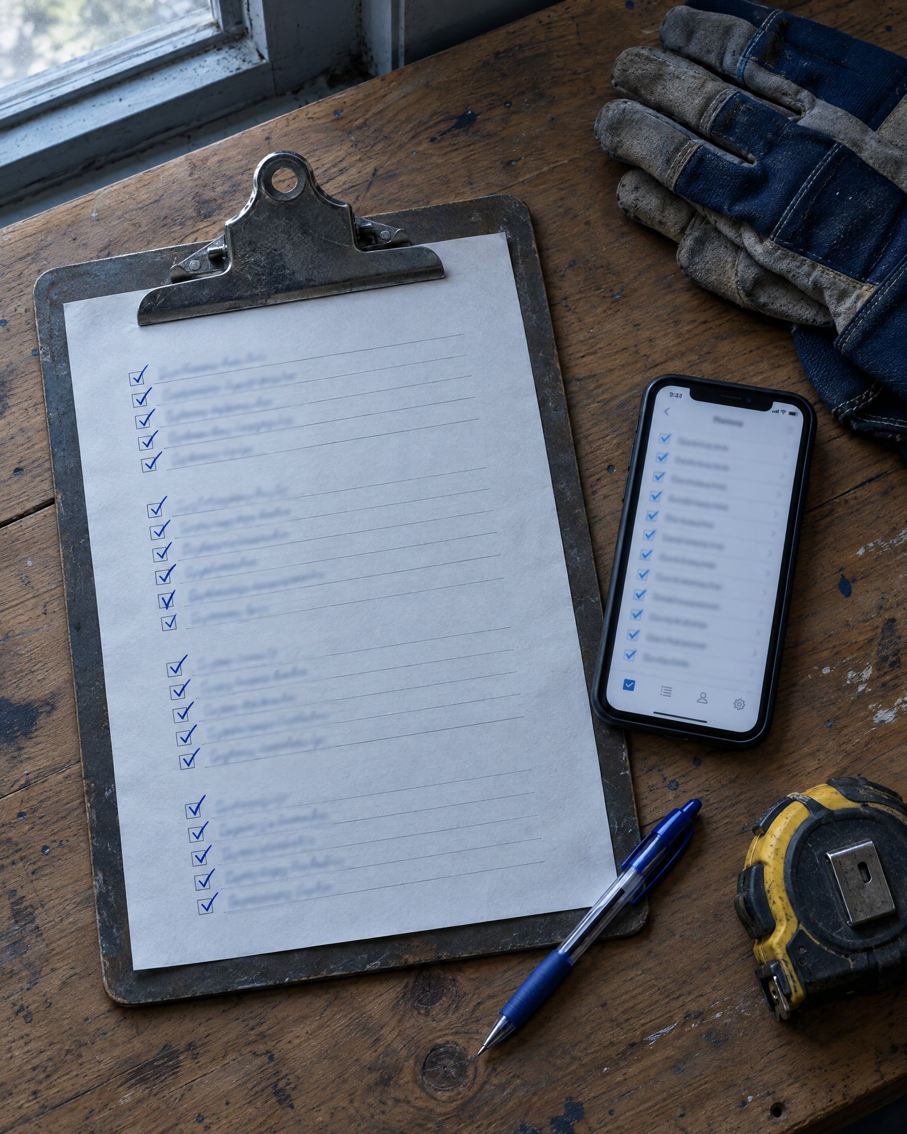 A paper checklist on a clipboard next to a phone showing the same checklist, on a workbench with gloves and a tape measure.