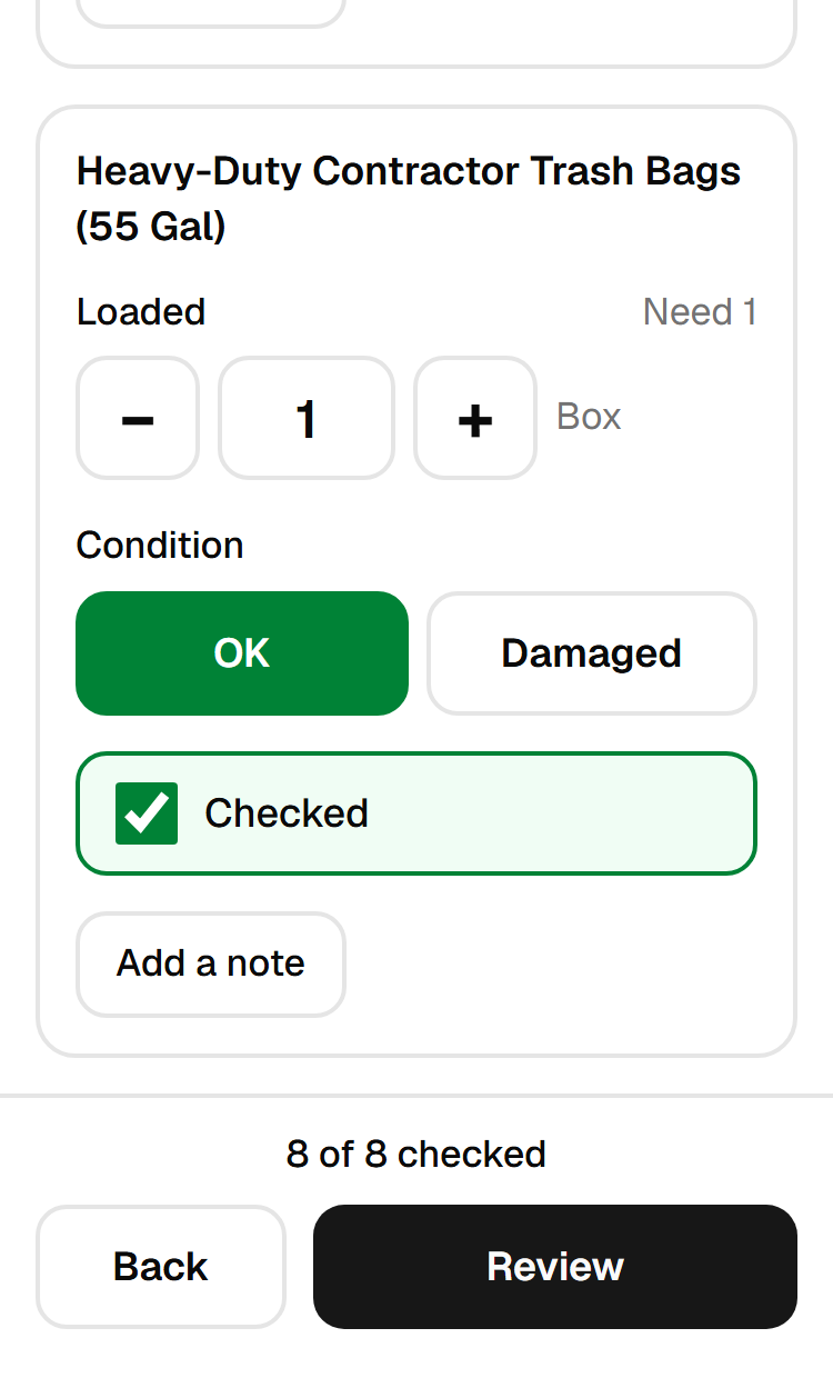 A load item counted and marked OK, with the section showing 8 of 8 checked.