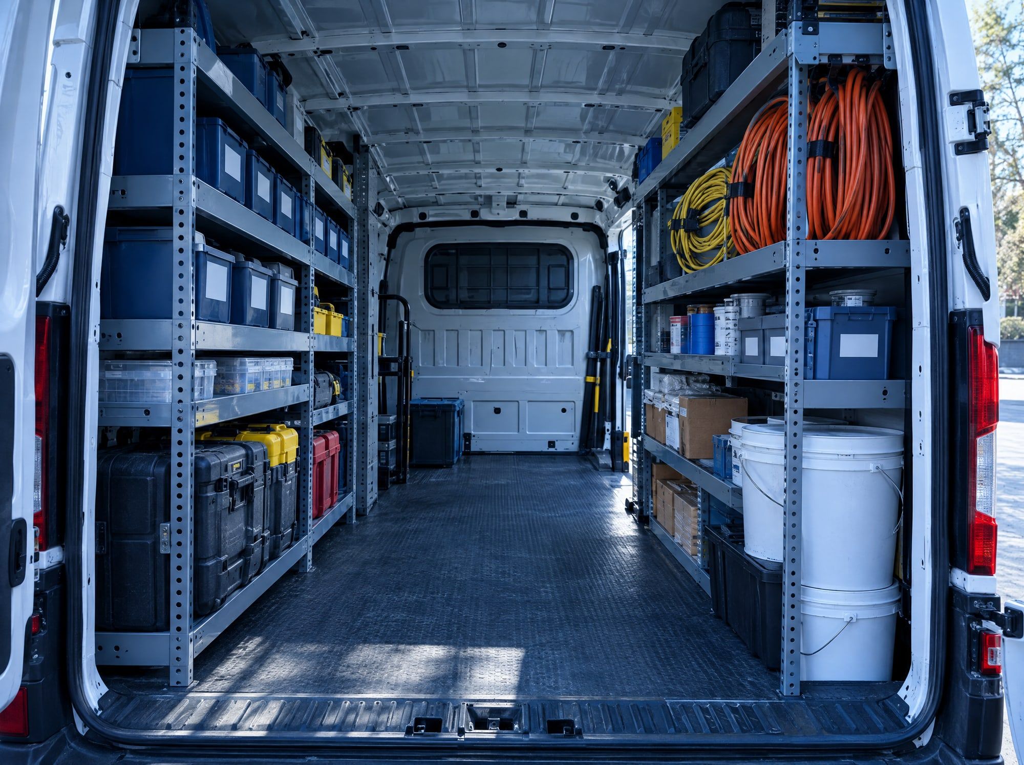 The organized shelving inside a work van: tool cases, cords, buckets and supply boxes.