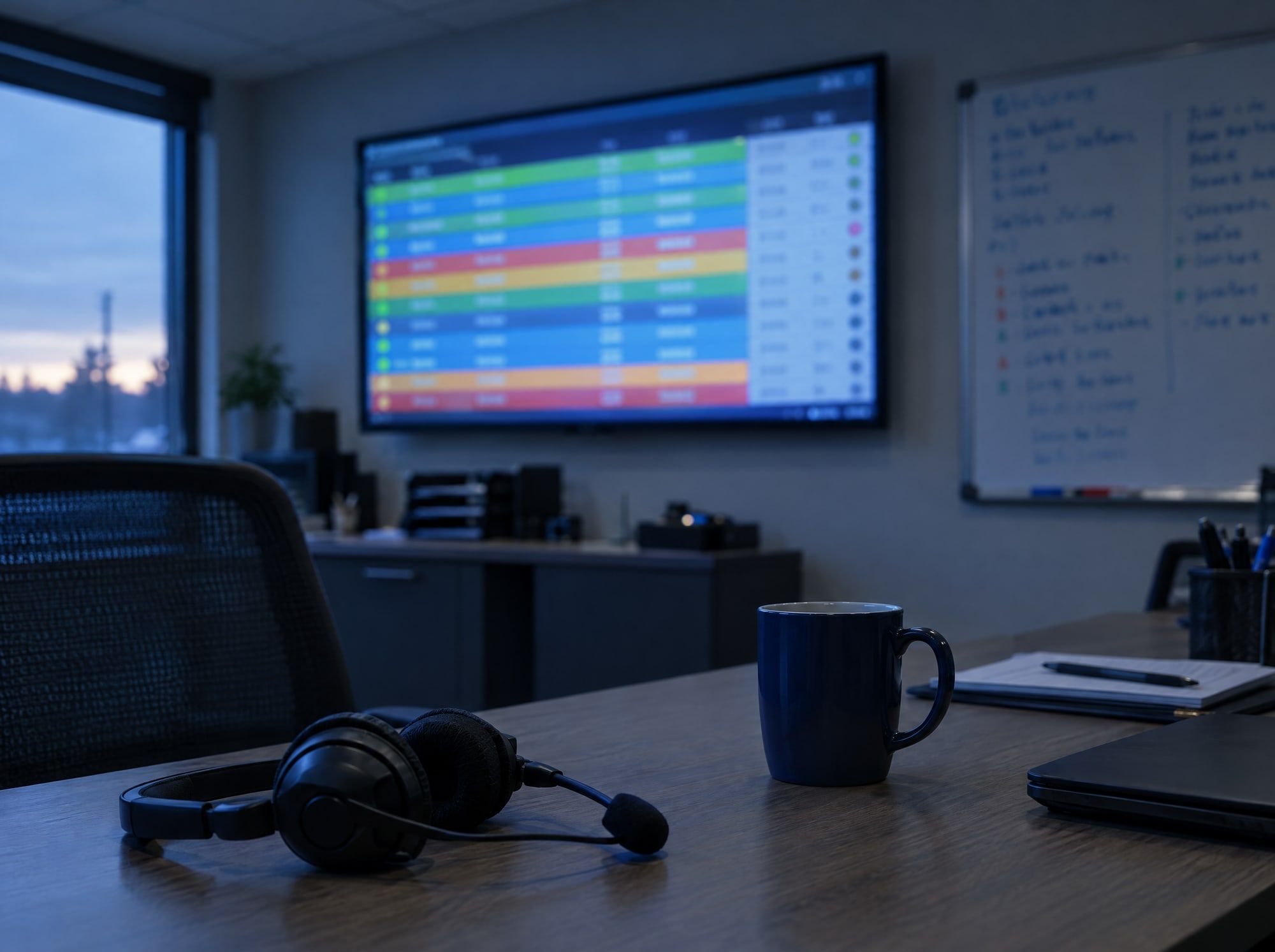 A small operations office in the early morning, with a status board on a wall screen.