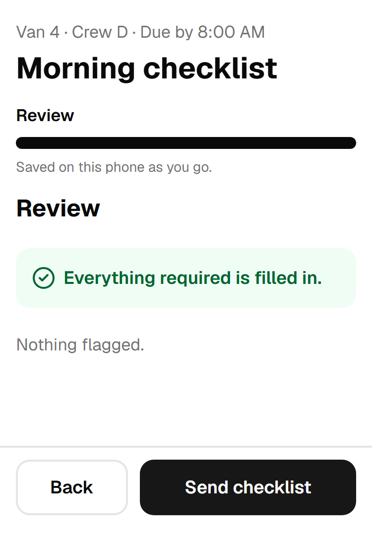 The review step before sending: everything required is filled in, nothing flagged.