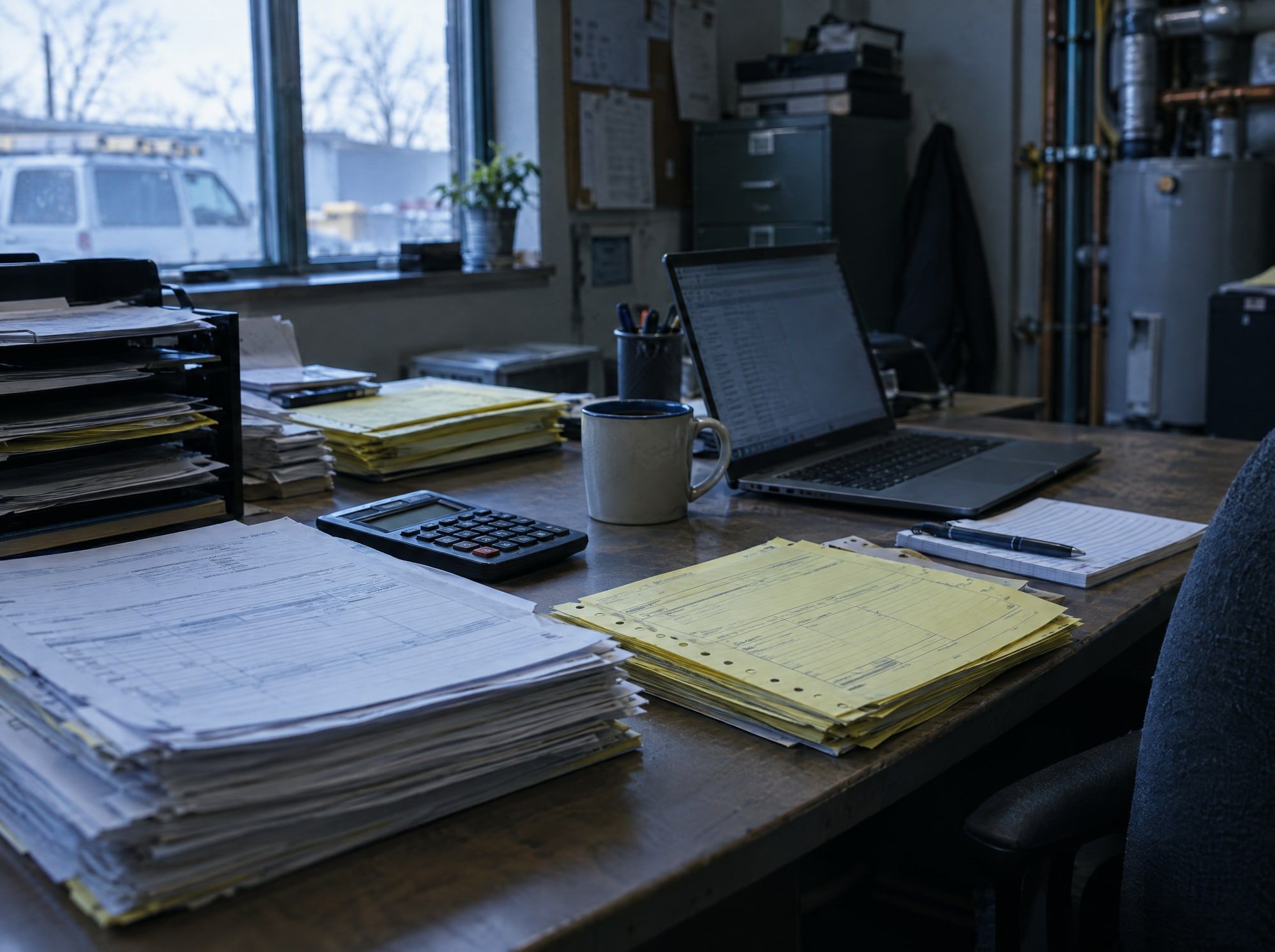 A back-office desk at a trades business, stacked with paper invoices and yellow carbon-copy work orders.