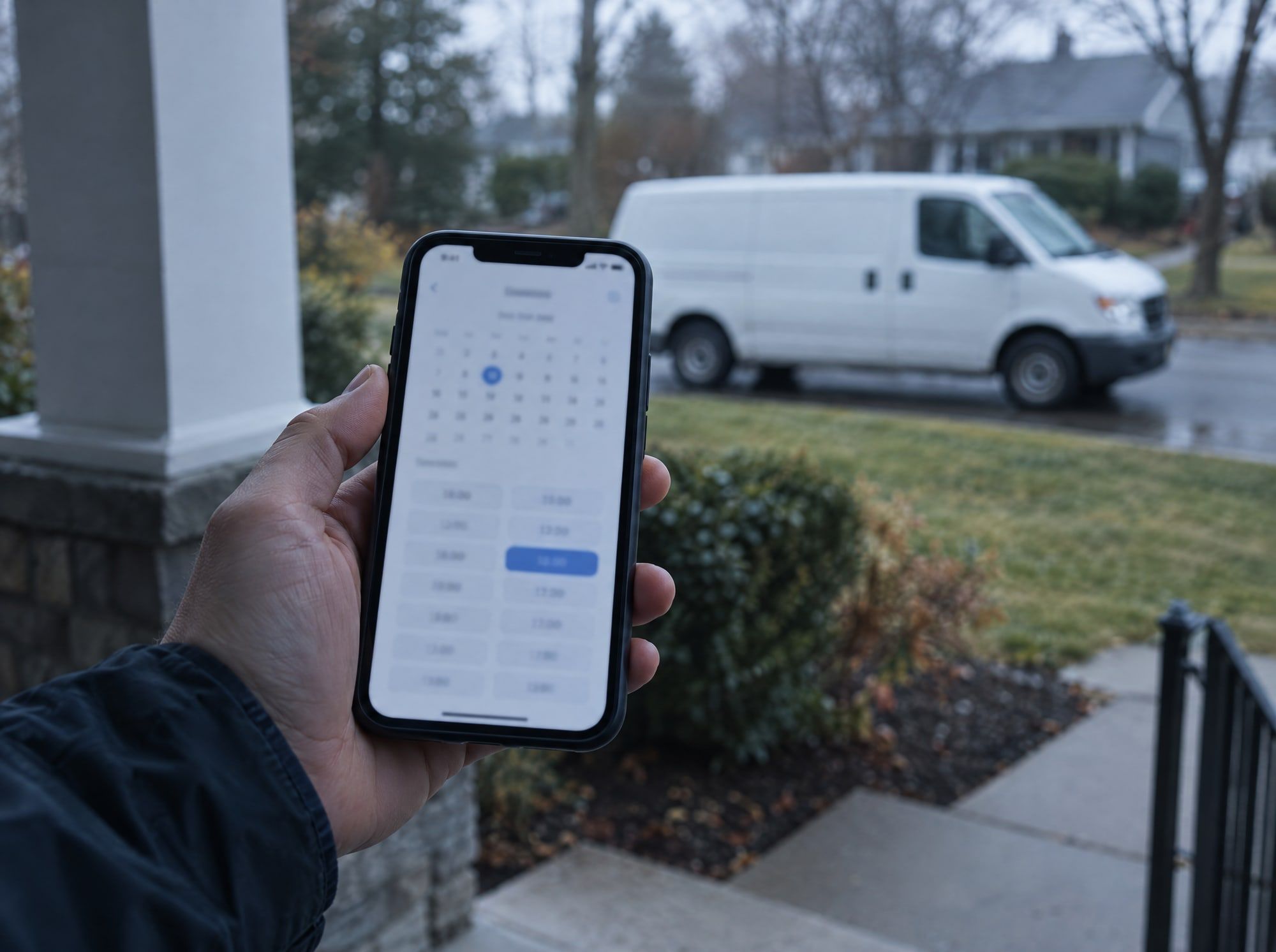A homeowner on their porch booking a time slot on a phone, with a service van parked outside.